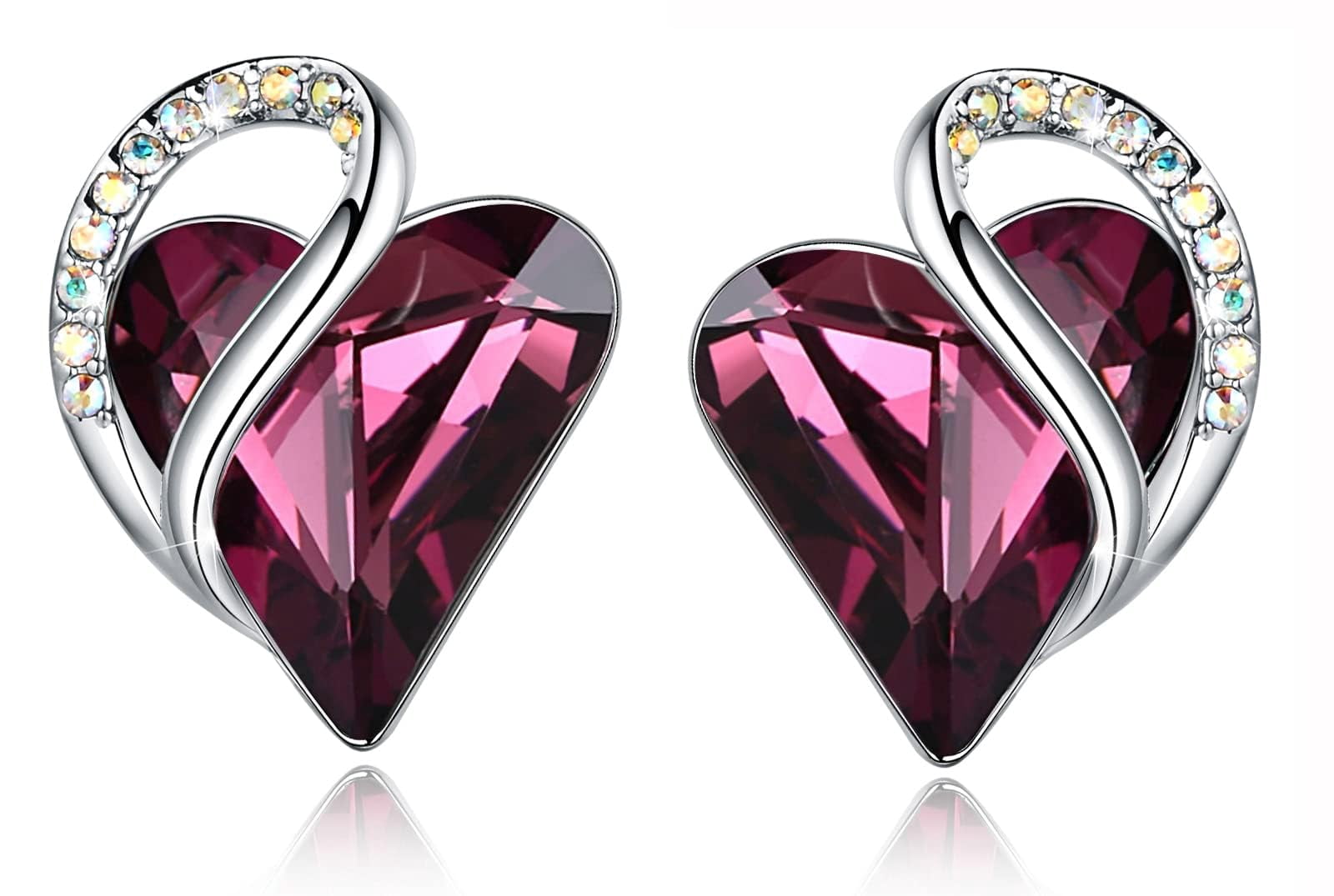 Leafael Birthstone Crystal Earrings for Women, Amethyst Purple Pink for February, Gift for Mom and Mother, Silver Stud Earring Jewelry for Ladies, Infinity Love Heart