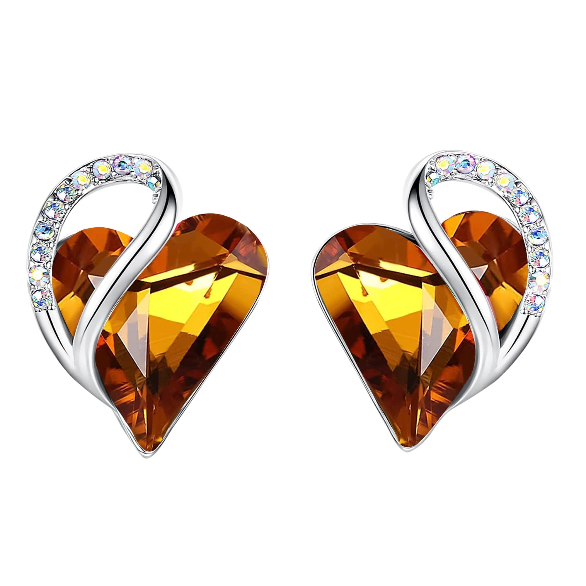 Leafael Infinity Love Brown Heart Earrings for Women, Mothers Day Gifts for Mom, Wife, and Her, Silver Plated Amber Stone Earring with Birthstone Crystal for November, Jewelry for Ladies
