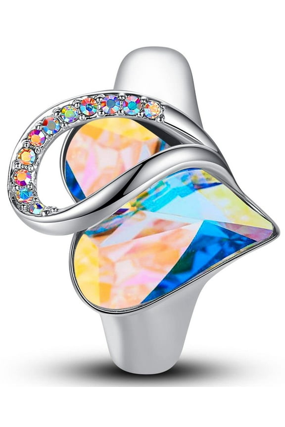 Infinity Love Women's Adjustable Heart Ring Rainbow Opal White Birthstone Crystal for April, Healing Stone for Purification, Jewelry Gifts for Women, Silver-tone, Open End, Size 6.5-8