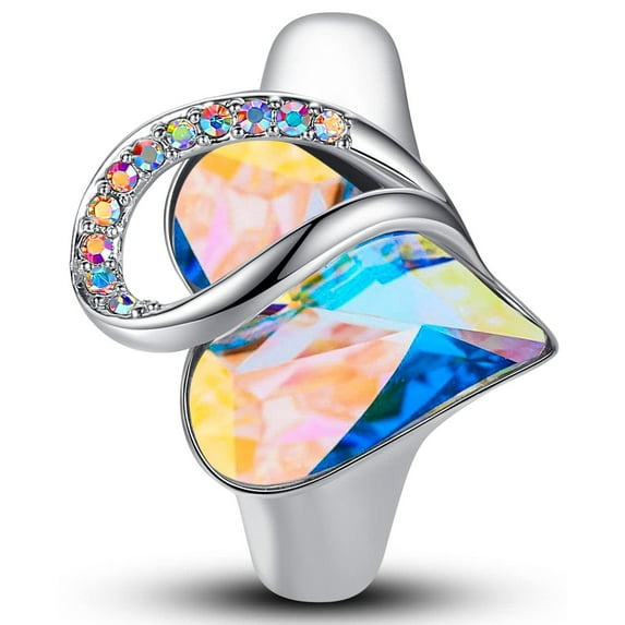 Leafael Infinity Love Women's Adjustable Heart Ring Rainbow Opal White Birthstone Crystal for April, Healing Stone for Purification, Jewelry Gifts for Women, Silver-tone, Open End, Size 6.5-8