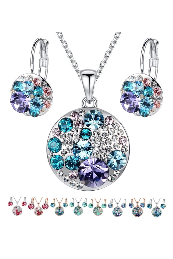 Ocean Bubble Women's Jewelry Set Made with Premium Crystals Aquamarine Blue Purple Costume Fashion Pendant Necklace Earring Set, Silver Tone, 18" + 2", Gifts for Women