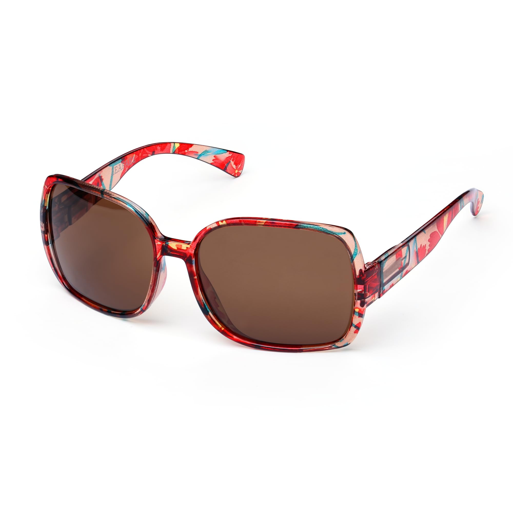 LEAFAEL Polarized Oversized Sunglasses for Women, Red Floral Square Frame, UV400 Protection Shades, Trendy Retro Designer Style