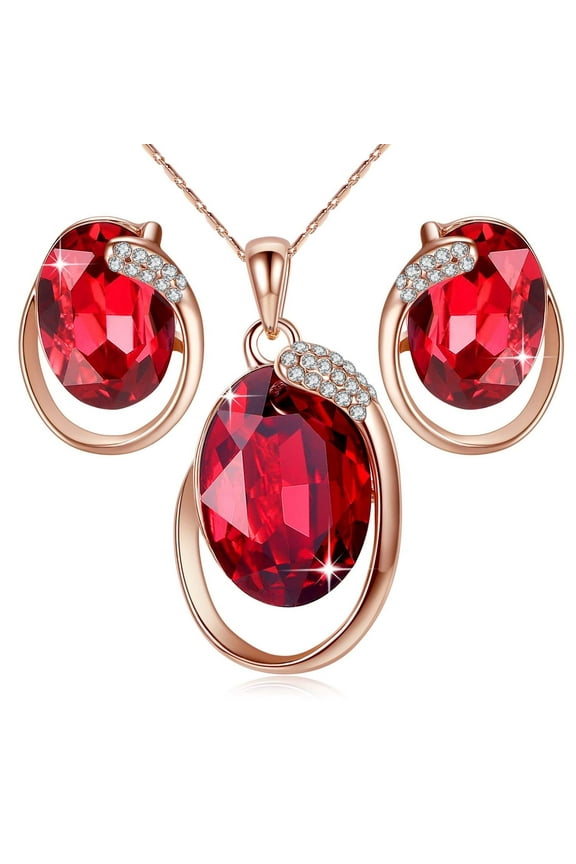 [Presented by Miss New York Austrian Crystal Rose Gold Plated Oval Double Circle Shape Red Magma Jewelry Set Earrings Pendant Necklace, 18" +