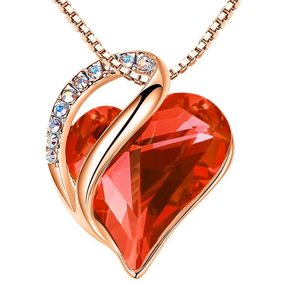Leafael Rose Gold Plated Necklace for Women: Heart Shaped Carnelian Red Crystal Center, Birthstone for January and July, Dazzling Cubic Zirconia, Hypoallergenic Chain (18"+2"), Jewelry Gifts for Her