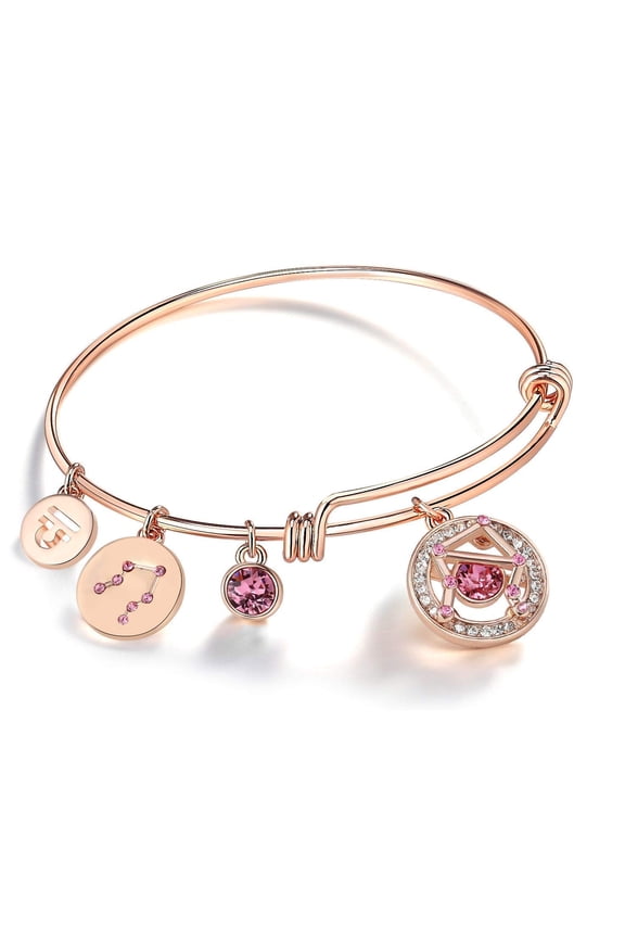 Superstar Libra Zodiac Expandable Bangle Bracelet Made with Premium Crystals Horoscope Constellation September October Birthstone Rosaline Pink Jewelry, Rose Gold Plated, 7"