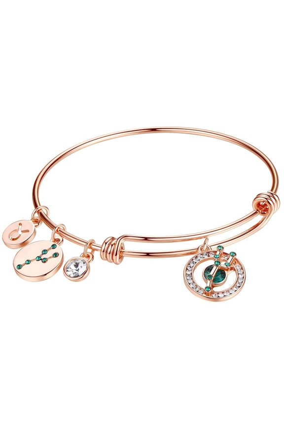 Superstar Taurus Zodiac Expandable Bangle Bracelet Made with Premium Crystals Horoscope Constellation April May Birthstone Emerald Green Jewelry, Rose Gold Plated, 7"