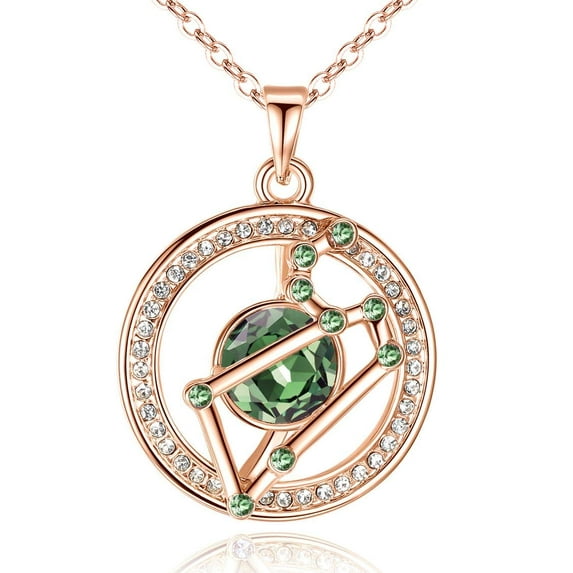 Leafael "Superstar Zodiac Constellation Pendant Necklace Made with Premium Crystal July August Birthstone Peridot Green Horoscope Jewelry, Leo, 14k Rose Gold Plated, 18"+2"