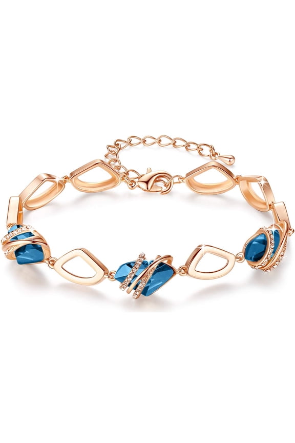 Wish Stone Link Charm Bracelet with Zircon Blue Birthstone Crystal for December, Rose Gold Plated, 7"+2"