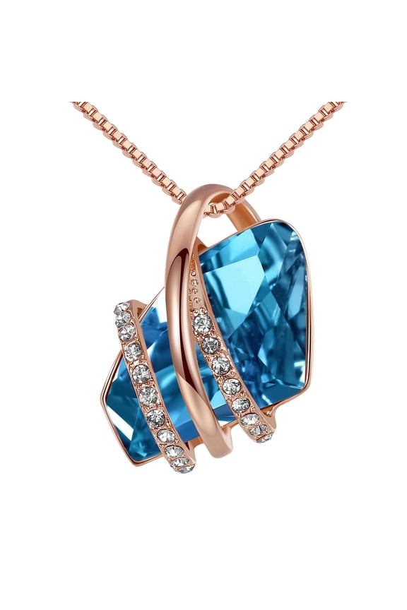 Wish Stone Pendant Necklace with Blue Zircon Birthstone Crystal for December, 18K Rose Gold Plated, 18" + 2" Chain
