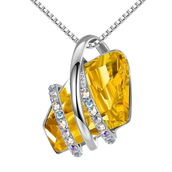 Leafael Wish Stone Pendant Necklace with Citrine Yellow Birthstone Crystal for November, Silvertone, 18" + 2" Chain