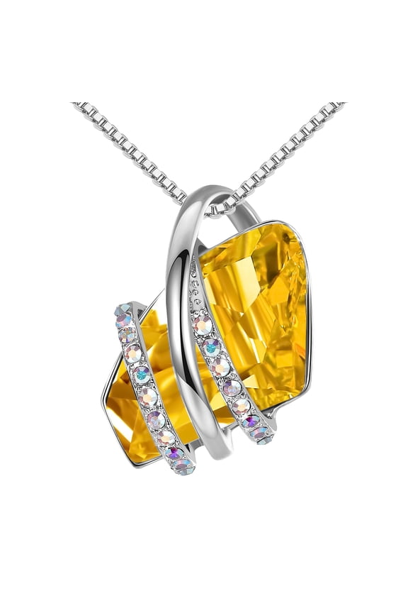 Wish Stone Pendant Necklace with Citrine Yellow Birthstone Crystal for November, Silvertone, 18" + 2" Chain