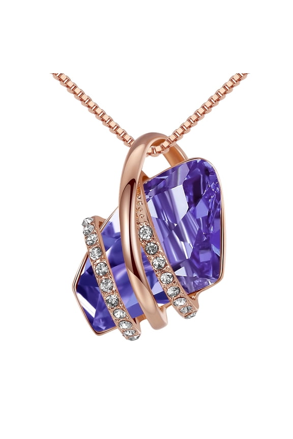 Wish Stone Pendant Necklace with Tanzanite Purple Birthstone Crystal for February, 18K Rose Gold Plated, 18" + 2" Chain