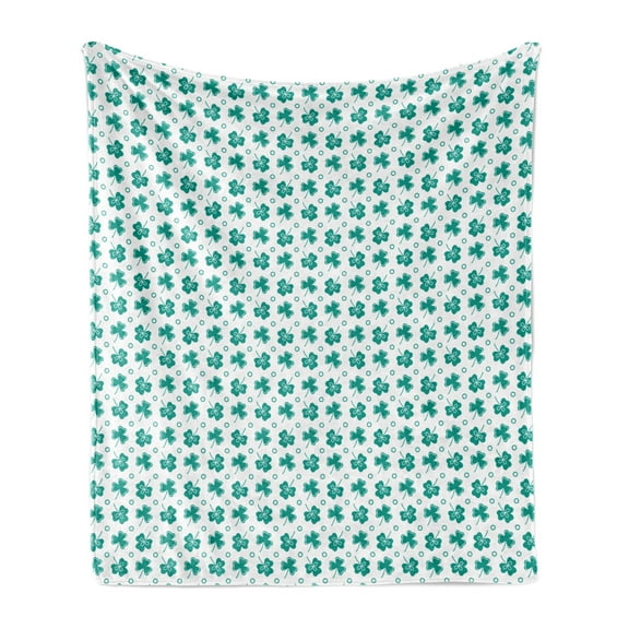 Leafage Soft Flannel Fleece Throw Blanket, Shamrock Leaves Pattern Botanical St Patrick's Day Irish Tradition, Cozy Plush for Indoor and Outdoor Use, 70" x 90", Dark Seafoam and White, by Ambesonne