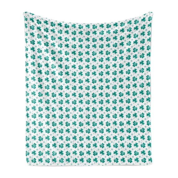 Leafage Soft Flannel Fleece Throw Blanket, Shamrock Leaves Pattern Botanical St Patrick's Day Irish Tradition, Cozy Plush for Indoor and Outdoor Use, 70" x 90", Dark Seafoam and White, by Ambesonne