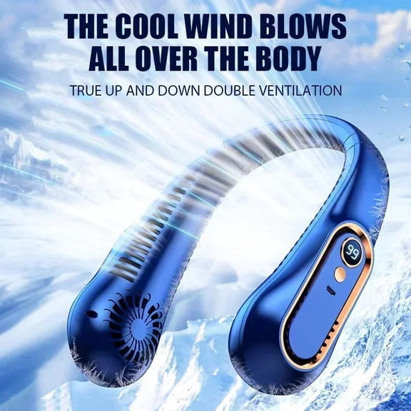 Leafless Hanging Neck Fan Portable USB Rechargeable Air Cooler with 5 Speed Adjustment LED Display for Outdoor Travel Use