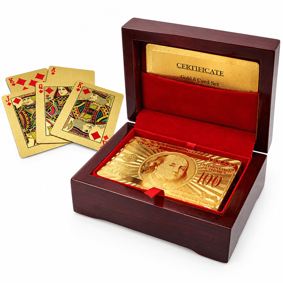 Leafnora Luxury Gold Foil Poker Playing Cards Poker Gifts with Wooden Box Waterproof Metal Playing Deck of Cards for Men Party -Camping - Birthday Metal Playing Cards Gold Foil