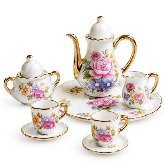 Leafnora Play Tea Set, 8-Piece Mini Ceramic Tea Party, Porcelain Teapot Cups, Safe Girls Gift