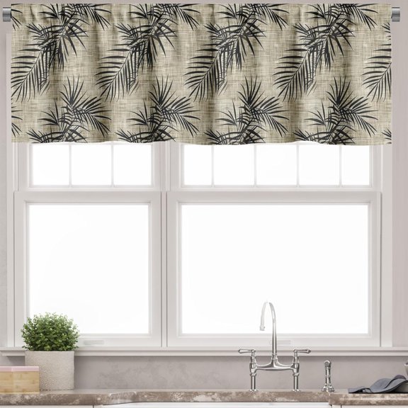 Leafy Art Window Valance Pack of 2, Melancholic Exotic Palm Leaves on Scratch Effect Beige Tone Back, Rod Pocket Curtain Valances for Kitchen Bedroom, 42" X 12", Sepia and Charcoal Grey