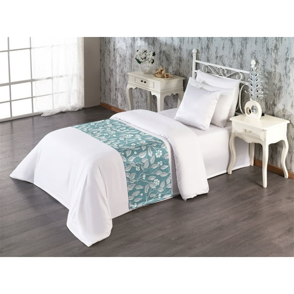 Leafy Artwork Bed Runner, Tropical Inspirations Melancholic Leaves with Berry Pattern Boho, Decorative Accent Bedding Scarf for Hotels Homes & Guest Rooms, Twin, Cadet Blue Blue Grey, by Ambesonne