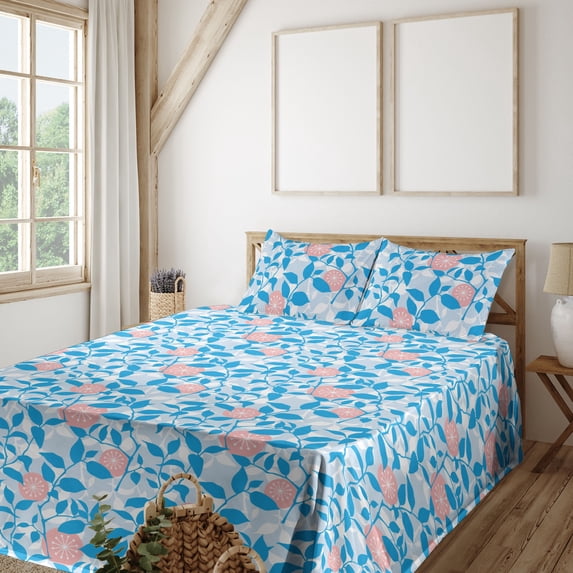 Ambesonne Leafy Artwork Fitted & Flat Sheet with Sham 3 Pcs Set, Modern Floral Citrus, Twin XL, Azure Blue Salmon White