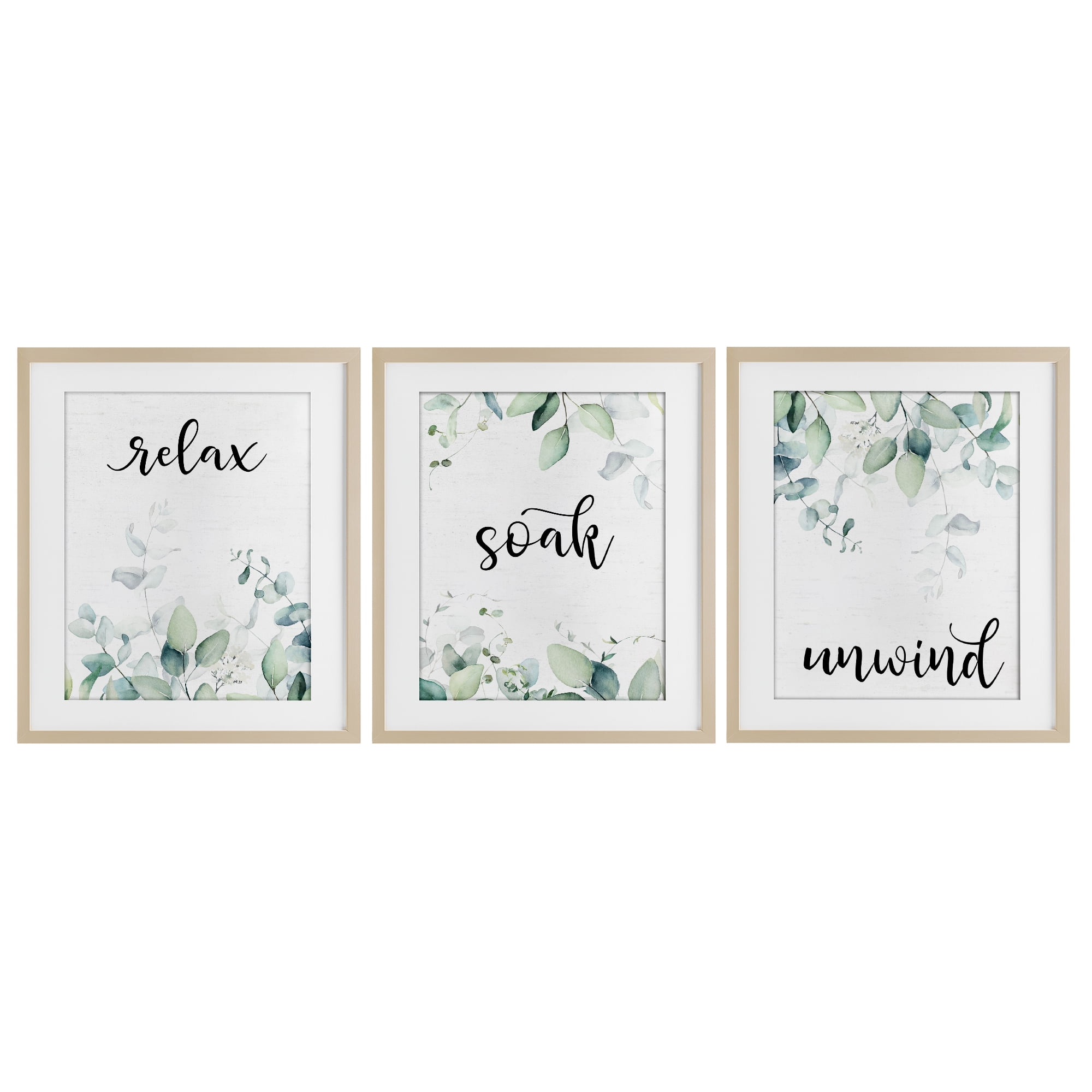 Leafy Bathroom Herbs 3 Piece Birch Framed Print Under Glass Set, design by Lettered and Lined
