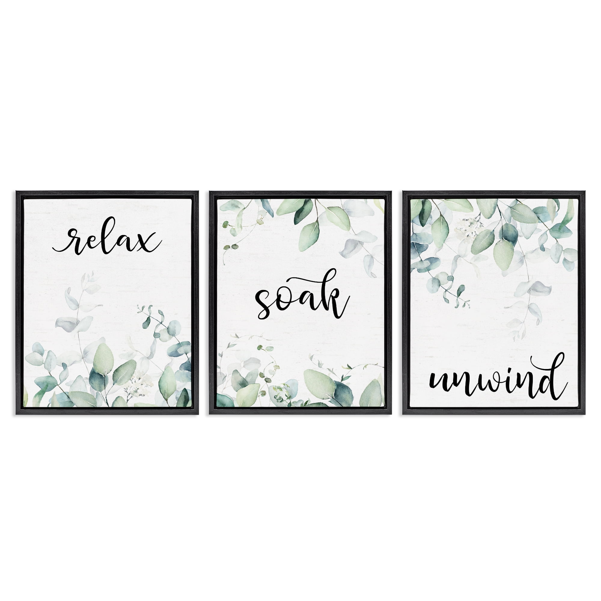 Leafy Bathroom Herbs 3 Piece Black Framed Floater Canvas Set, design by Lettered and Lined