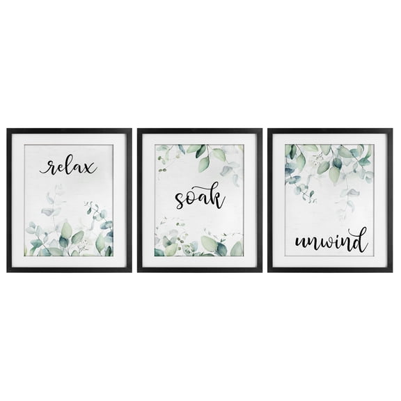 Leafy Bathroom Herbs 3 Piece Black Framed Print Under Glass Set, design by Lettered and Lined