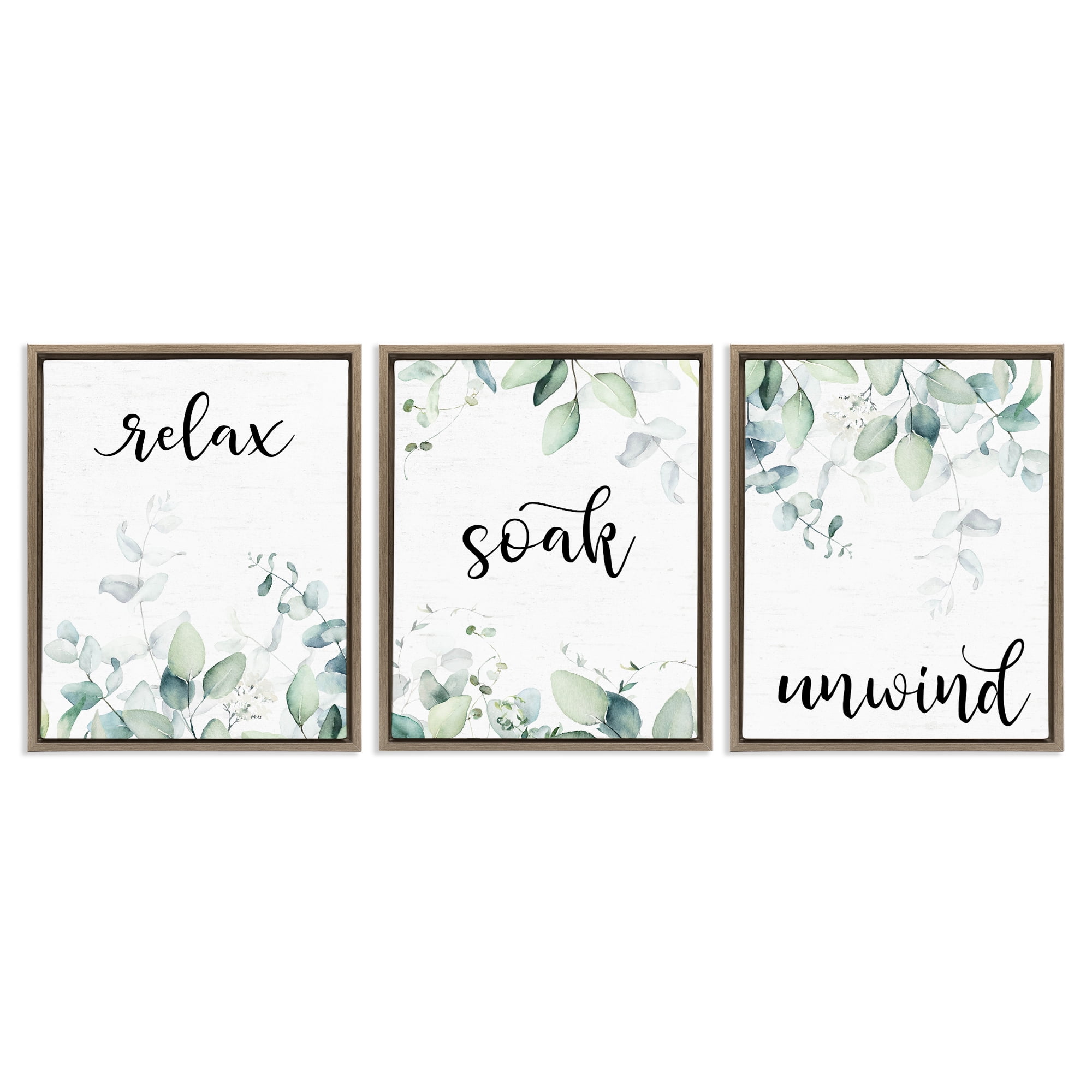Leafy Bathroom Herbs 3 Piece Brown Framed Floater Canvas Set, design by Lettered and Lined