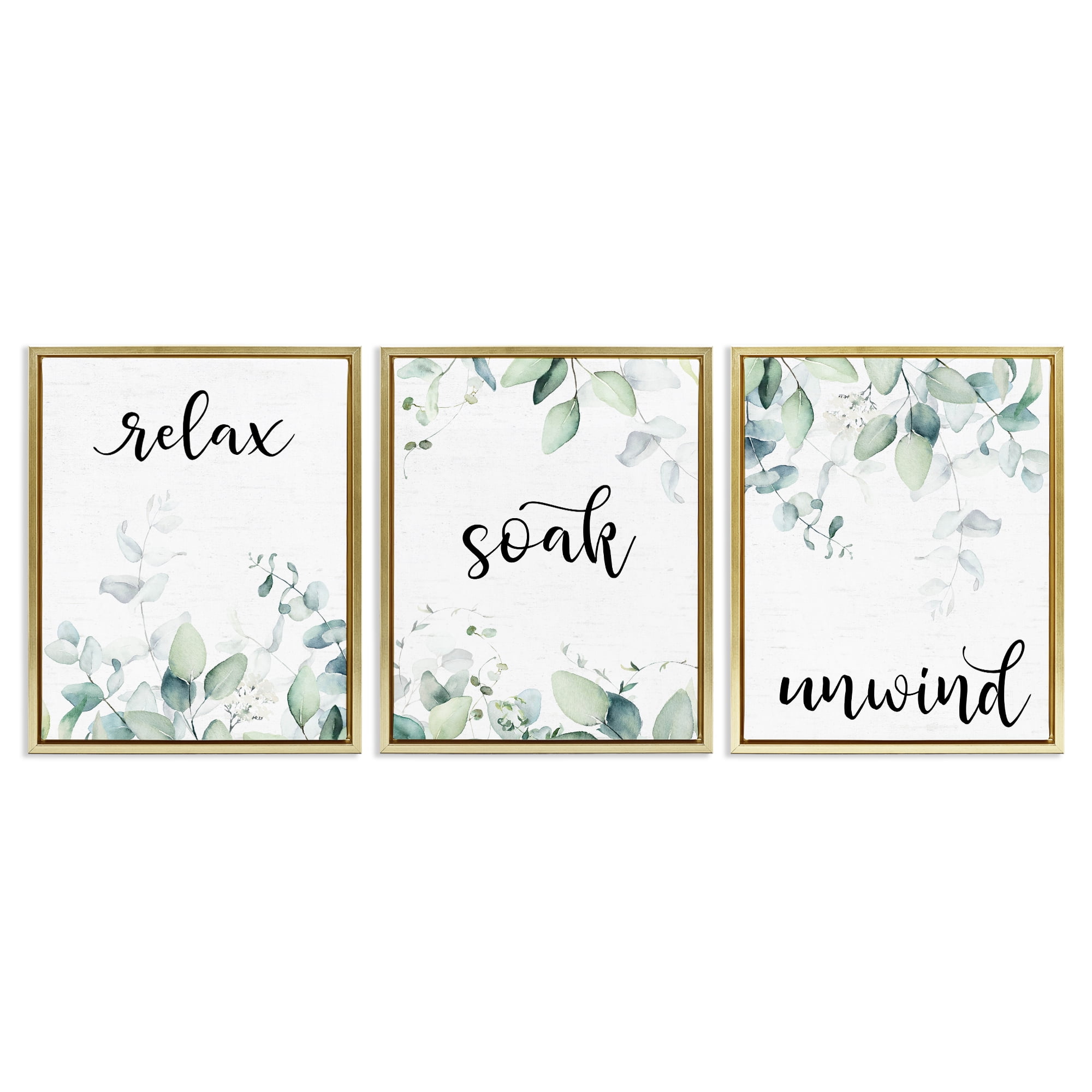 Leafy Bathroom Herbs 3 Piece Gold Framed Floater Canvas Set, design by Lettered and Lined