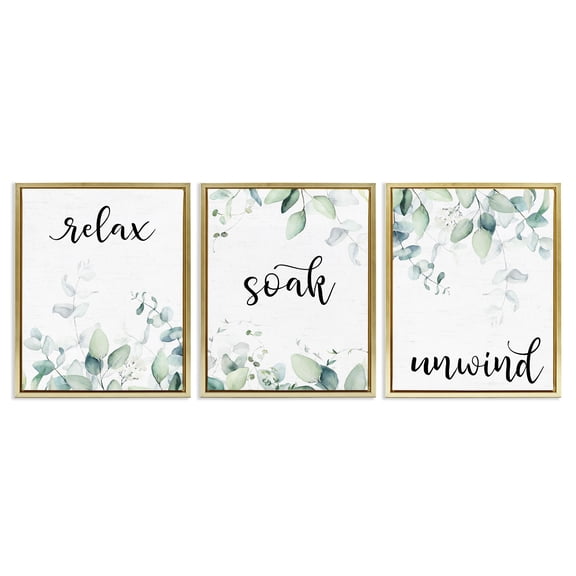 Leafy Bathroom Herbs 3 Piece Gold Framed Floater Canvas Set, design by Lettered and Lined