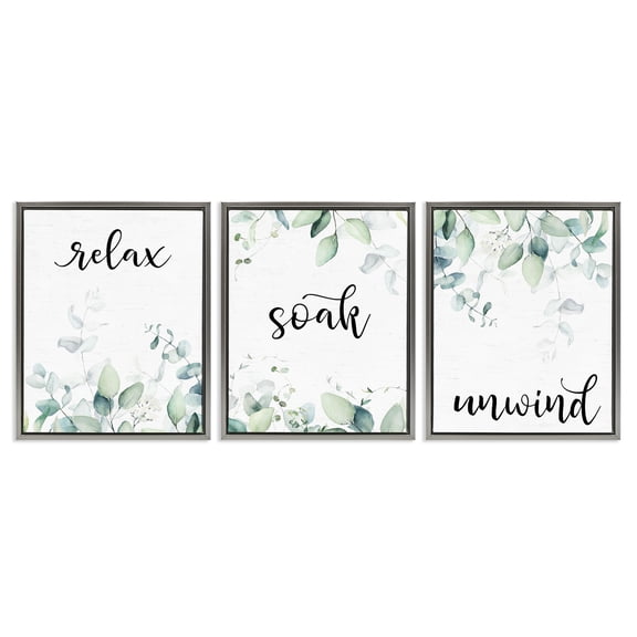 Leafy Bathroom Herbs 3 Piece Gray Framed Floater Canvas Set, design by Lettered and Lined