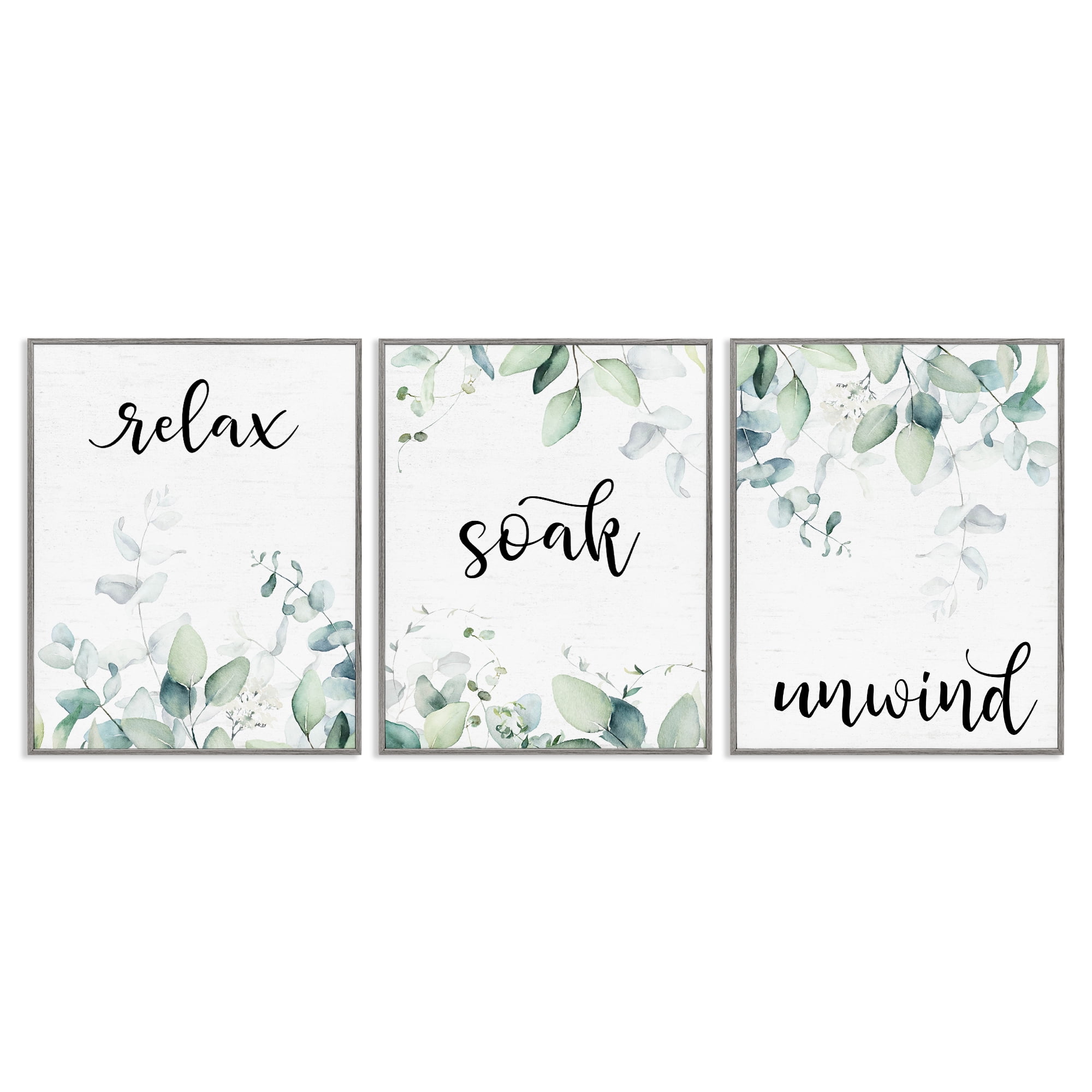 Leafy Bathroom Herbs 3 Piece Gray Framed Giclee Art Set, design by Lettered and Lined