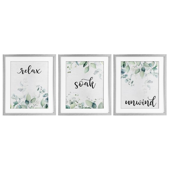 Leafy Bathroom Herbs 3 Piece Gray Framed Print Under Glass Set, design by Lettered and Lined