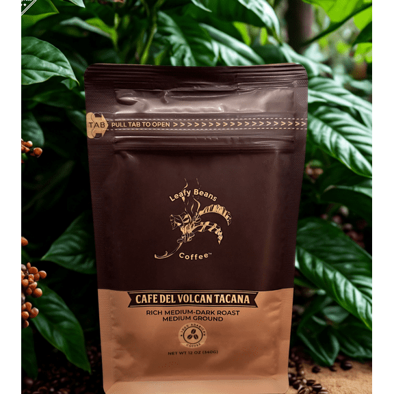 Leafy Beans Coffee, Cafe Del Volcan Tacana, Rich Medium-Dark Ground Coffee, 12oz Bag