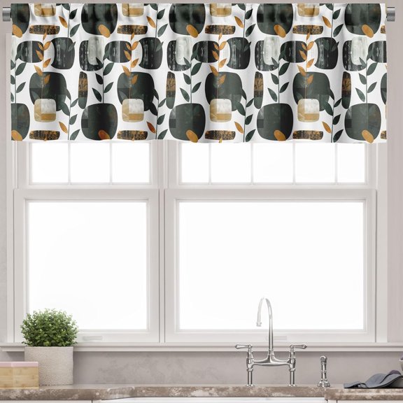Leafy Boho Window Valance Pack of 2, Modern Grunge Details Abstract Geometric Shapes and Scandi Leaves, Rod Pocket Curtain Valances for Kitchen Bedroom, 42" X 12", Charcoal Grey Evergreen