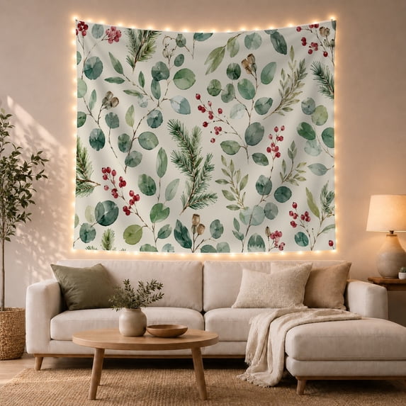 Leafy Botanical Branches with Eucalyptus Pine Sprigs Berries, Serene Watercolor for Plant Lovers, Botanical Wall Art, Graduation Gift, Tapestry Wall Hanging for Bedroom and Dorm