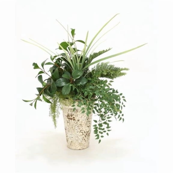 Leafy Branches & Mixed Ferns in Tall Fern Embossed Crackle Finish Clay Pot