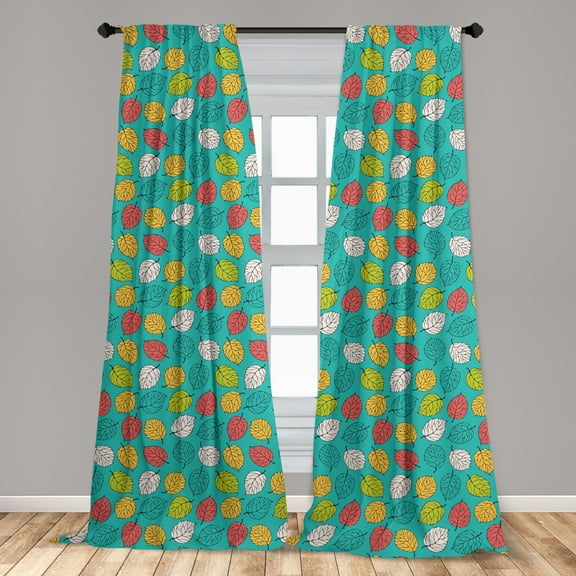 Leafy Curtains 2 Panels Set, Repetitive Pattern of Colorful Abstract Forest Leaves Print, Window Drapes for Living Room Bedroom, 56"W X 63"L, Dark Seafoam Multicolor, by Ambesonne