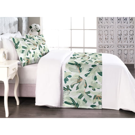 Leafy Design Bed Runner Set, Simple Design Exotic Vibes Modern Leaves Greenery Pattern Neutral, Decorative Bedding Scarf & 2 Pillow Shams for Hotels Homes, King, Forest Green Pale Green, by Ambesonne