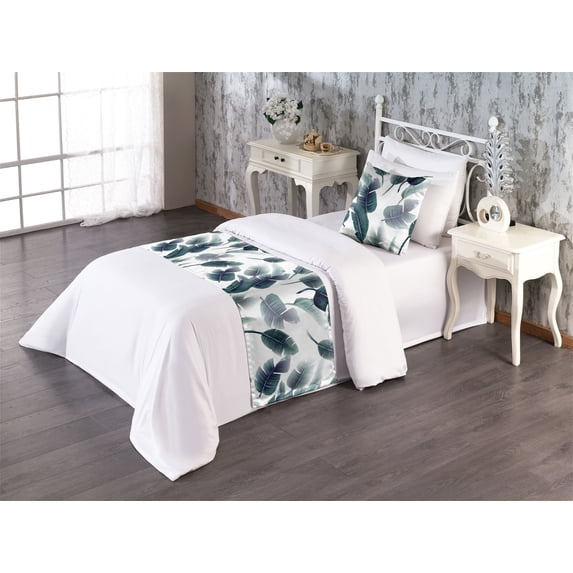 Leafy Design Bed Runner Set, Tropical Fantasy Vibes Falling Leaves Greenery with Hawaii Chill Aura Art, Decorative Bedding Scarf & a Pillow Sham for Hotels Homes, Twin, Dark Teal Ivory, by Ambesonne