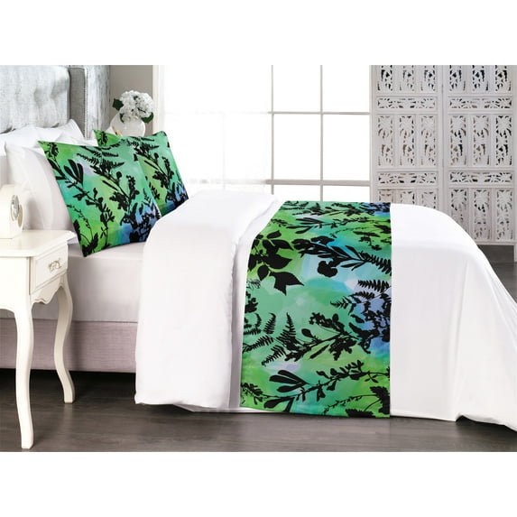 Leafy Design Bed Runner Set, Tropical Vibes Leaves Silhouettes with Flowers on Jumble Back, Decorative Bedding Scarf & 2 Pillow Shams for Hotels Homes, King, Charcoal Grey Lime Green, by Ambesonne