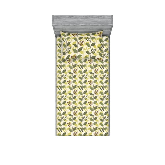 Leafy Design Fitted Sheet & Pillow Sham Set, Autumnal Vibes Wild Nature Ivy Look Leaves Pattern Cottagecore Art, Decorative Printed 2 Piece Bedding Decor, Twin, Apple Green Fern Green, by Ambesonne