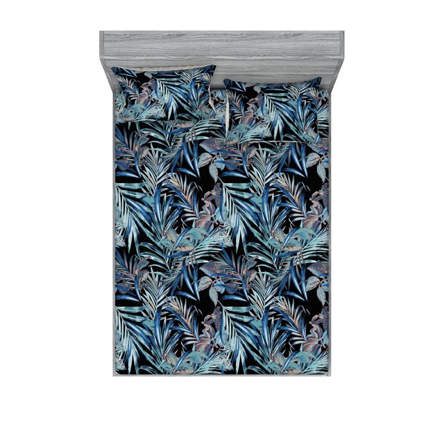 Leafy Design Fitted Sheet & Pillow Sham Set, Darkened Jungle Inspirations Colorful Jumble Leaves Pattern Neutral, Decorative Printed 3 Piece Bedding Decor, Calking, Seafoam Dark Lavender, by Ambesonne