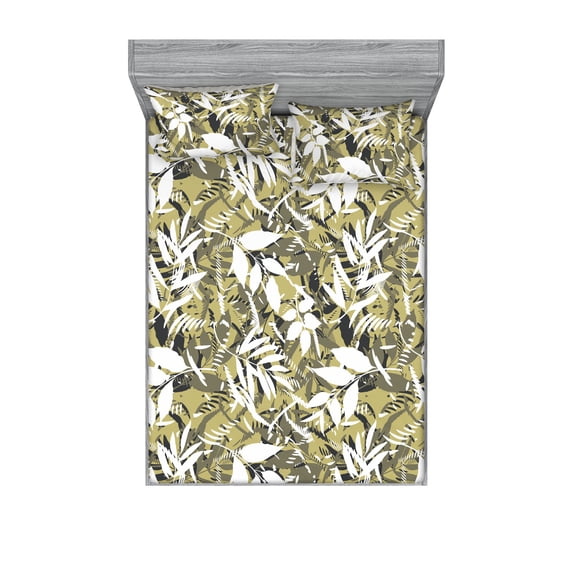 Leafy Design Fitted Sheet & Pillow Sham Set, Modern Exotic Leaves Silhouettes on Wild Jungle Colors Grungy Back, Decorative Printed 3 Piece Bedding Decor, Calking, White Pale Olive Green, by Ambesonne