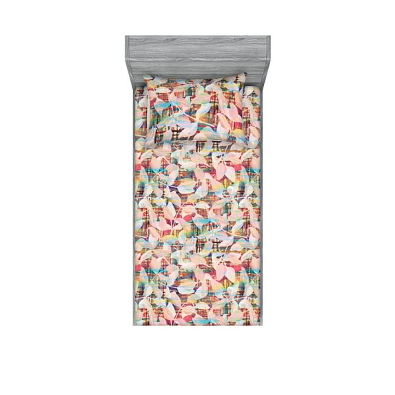 Leafy Design Fitted Sheet & Pillow Sham Set, Modern Psychedelic Inspirations Banana Leaves Pattern on Colorful Back, Decorative Printed 2 Piece Bedding Decor, Twinxl, Blush Multicolor, by Ambesonne