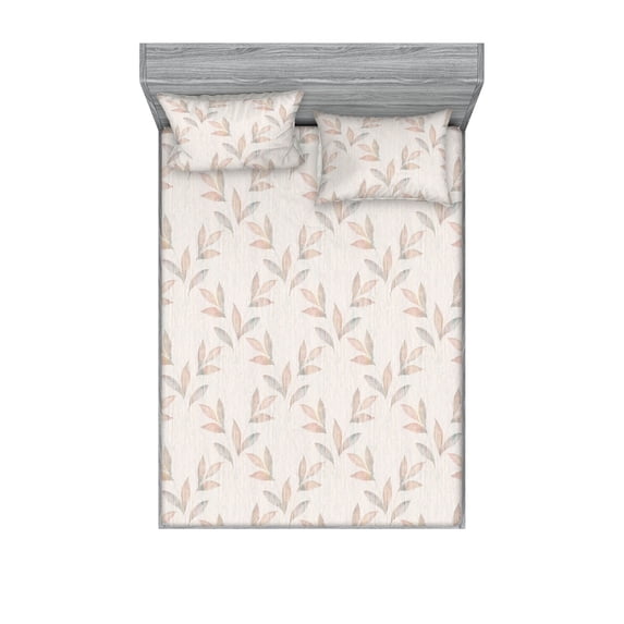 Leafy Design Fitted Sheet & Pillow Sham Set, Simple Design Delicate Leaves Pattern Grunge Autumnal Themed Print, Decorative Printed 3 Piece Bedding Decor, Full, Eggshell Pale Salmon, by Ambesonne