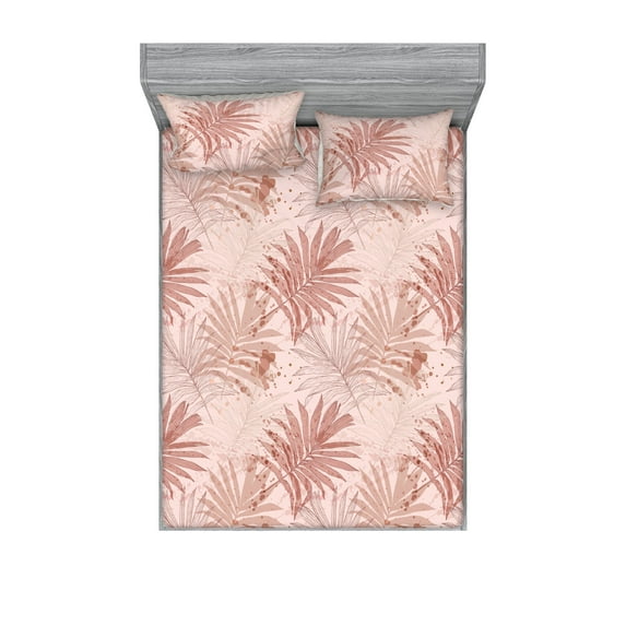 Leafy Design Fitted Sheet & Pillow Sham Set, Soft Neutral Colors Boho Pattern of Tropical Palm Tree Leaves Print, Decorative Printed 3 Piece Bedding Decor, King, Blush and Dried Rose, by Ambesonne