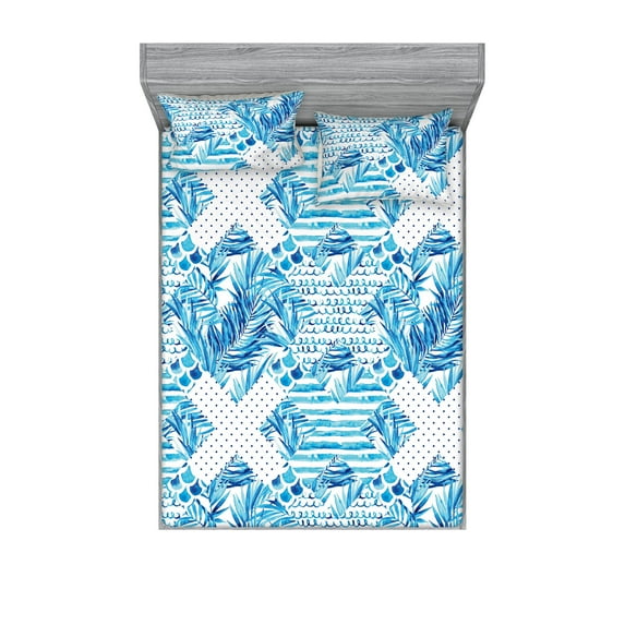 Leafy Design Fitted Sheet & Pillow Sham Set, Tropical Feels Winter Colors Exotic Leaves with Geometric Squares and Dots, Decorative Printed 3 Piece Bedding Decor, King, Sea Blue White, by Ambesonne