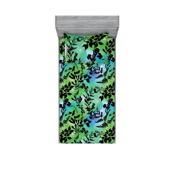 Leafy Design Fitted Sheet & Pillow Sham Set, Tropical Vibes Leaves Silhouettes with Flowers on Jumble Back, Decorative Printed 2 Piece Bedding Decor, Twin, Charcoal Grey Lime Green, by Ambesonne