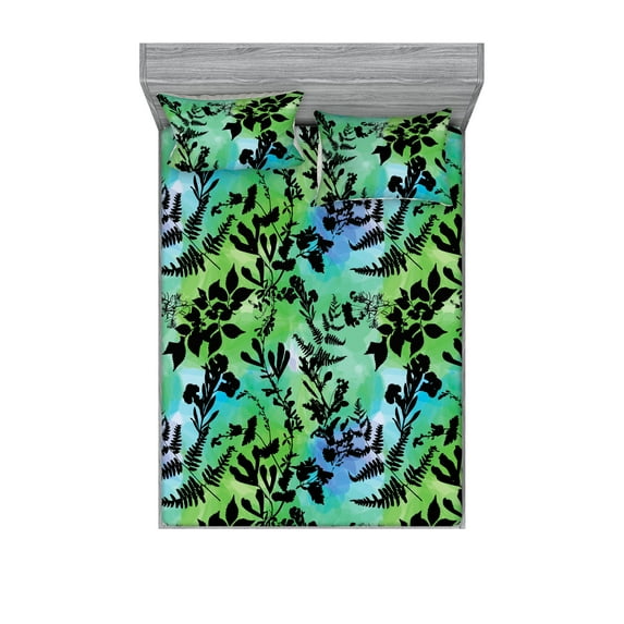 Leafy Design Fitted Sheet & Pillow Sham Set, Tropical Vibes Leaves Silhouettes with Flowers on Jumble Back, Decorative Printed 3 Piece Bedding Decor, Queen, Charcoal Grey Lime Green, by Ambesonne